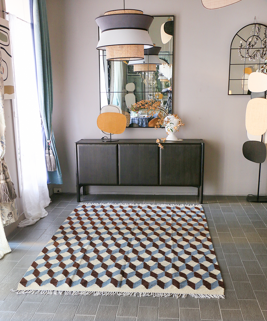 PO!PARIS キューブ・ウールキリムラグ・ブルー/ブラウン・235×170