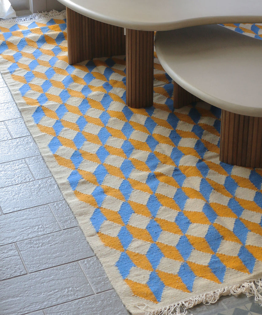 PO!PARIS キューブ・ウールキリムラグ・ブルー/イエロー・240×170