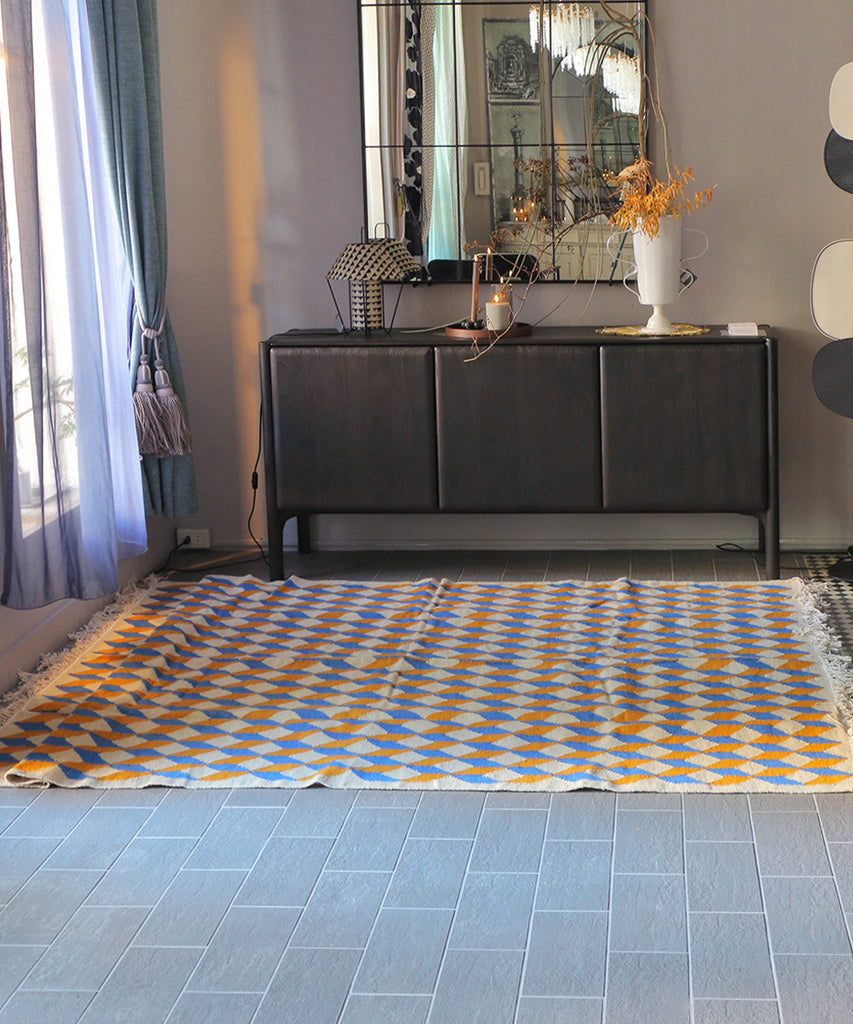 PO!PARIS キューブ・ウールキリムラグ・ブルー/イエロー・240×170