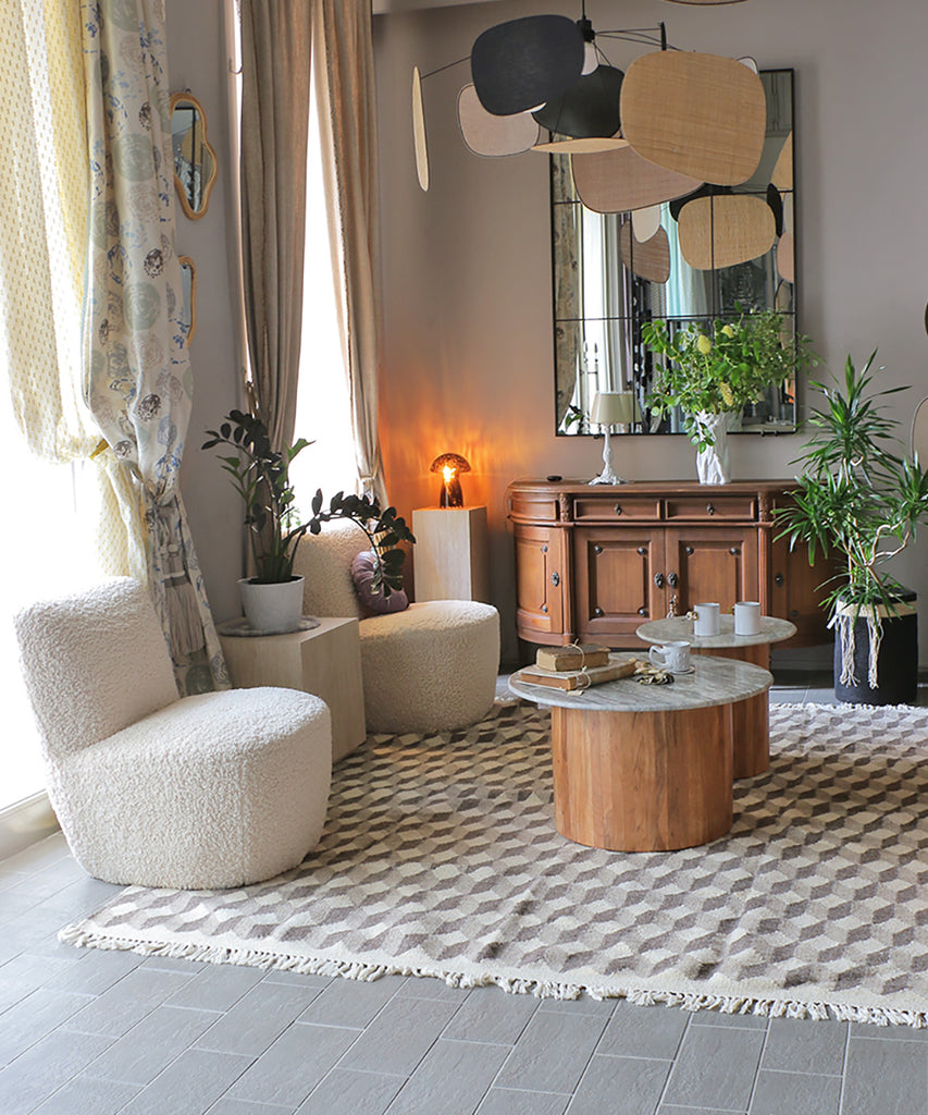 PO!PARIS キューブ・ウールキリムラグ・グレー・242×200