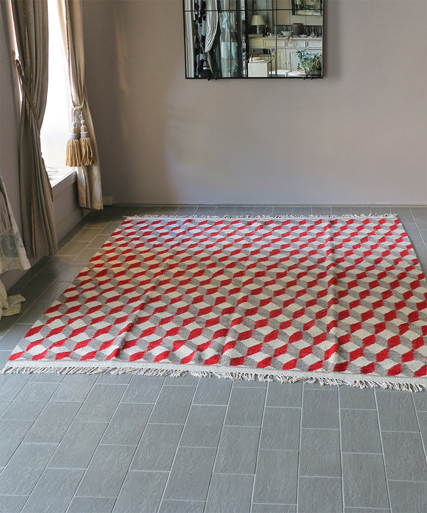 PO!PARIS キューブ・ウールキリムラグ・レッド・247×200