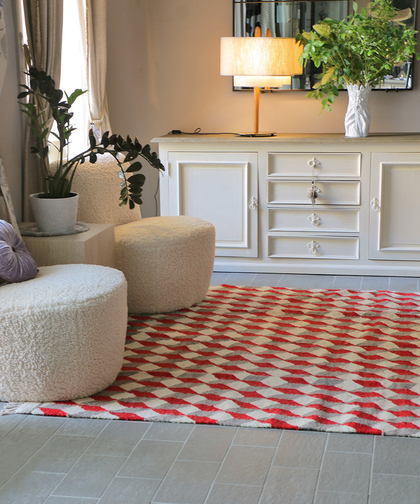 PO!PARIS キューブ・ウールキリムラグ・レッド・247×200