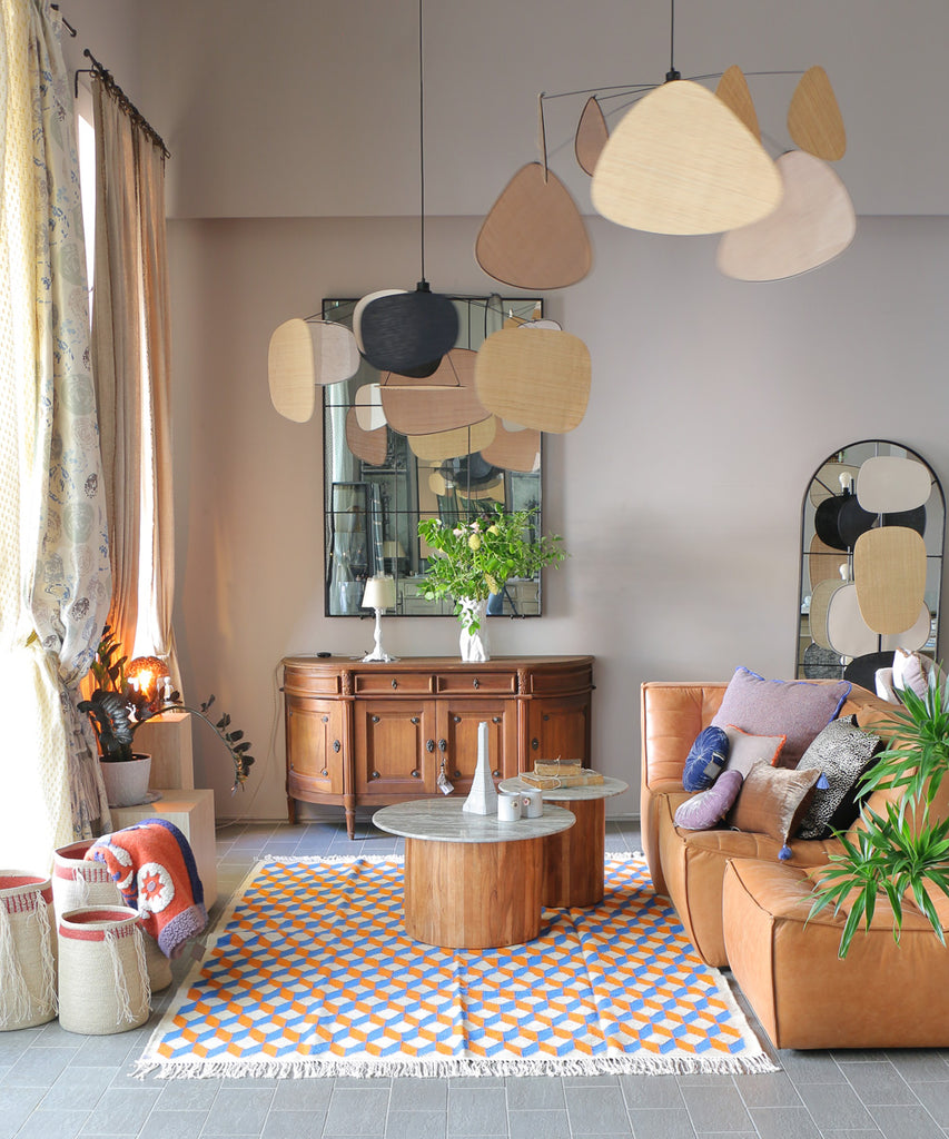 PO!PARIS キューブ・ウールキリムラグ・ブルー/オレンジ・240×170